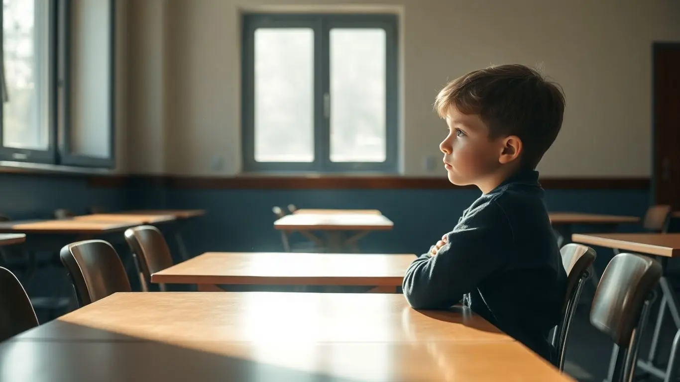 Kind sitzt allein im Klassenzimmer und schaut traurig aus dem Fenster.