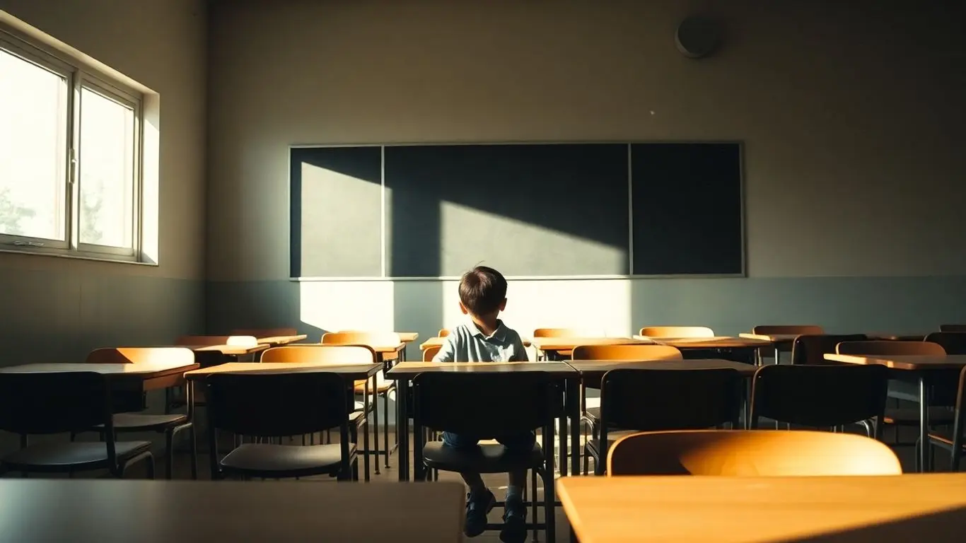Leeres Klassenzimmer mit einem einsamen Kind am Fenster.