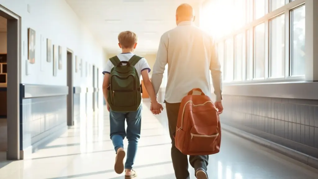 Schüler und Begleiter gehen Hand in Hand im Schulflur.