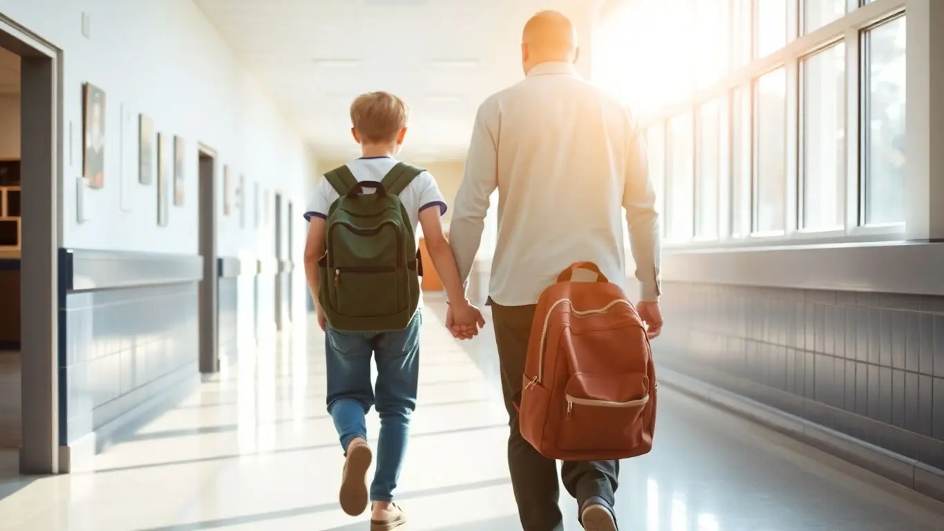 Schüler und Begleiter gehen Hand in Hand im Schulflur.